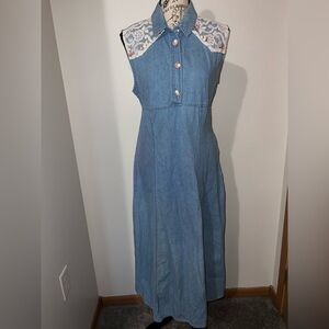 VTG Carolina Blues Denim Maxi Dress Lace Floral Rosette Detail XL